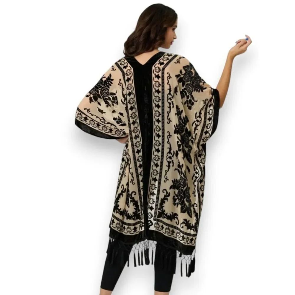 Black Ivory Velvet Floral Long Fringe Festival Jacket NWT